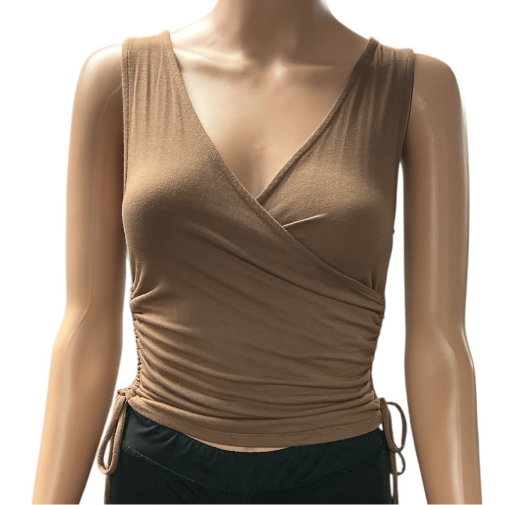 Ambiance - EC - Taupe Faux Wrap Knit Top with Adjustable Sides